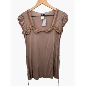 Vintage Y2K Deadstock Brown Lace Trim Top With Tie Back